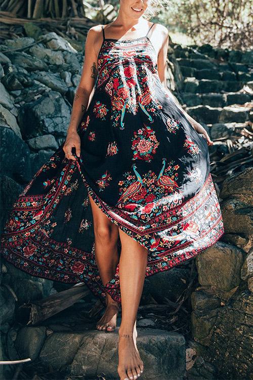Wholesale Square Neck Sleeveless Floral Print Backless Slit Hem Dresses