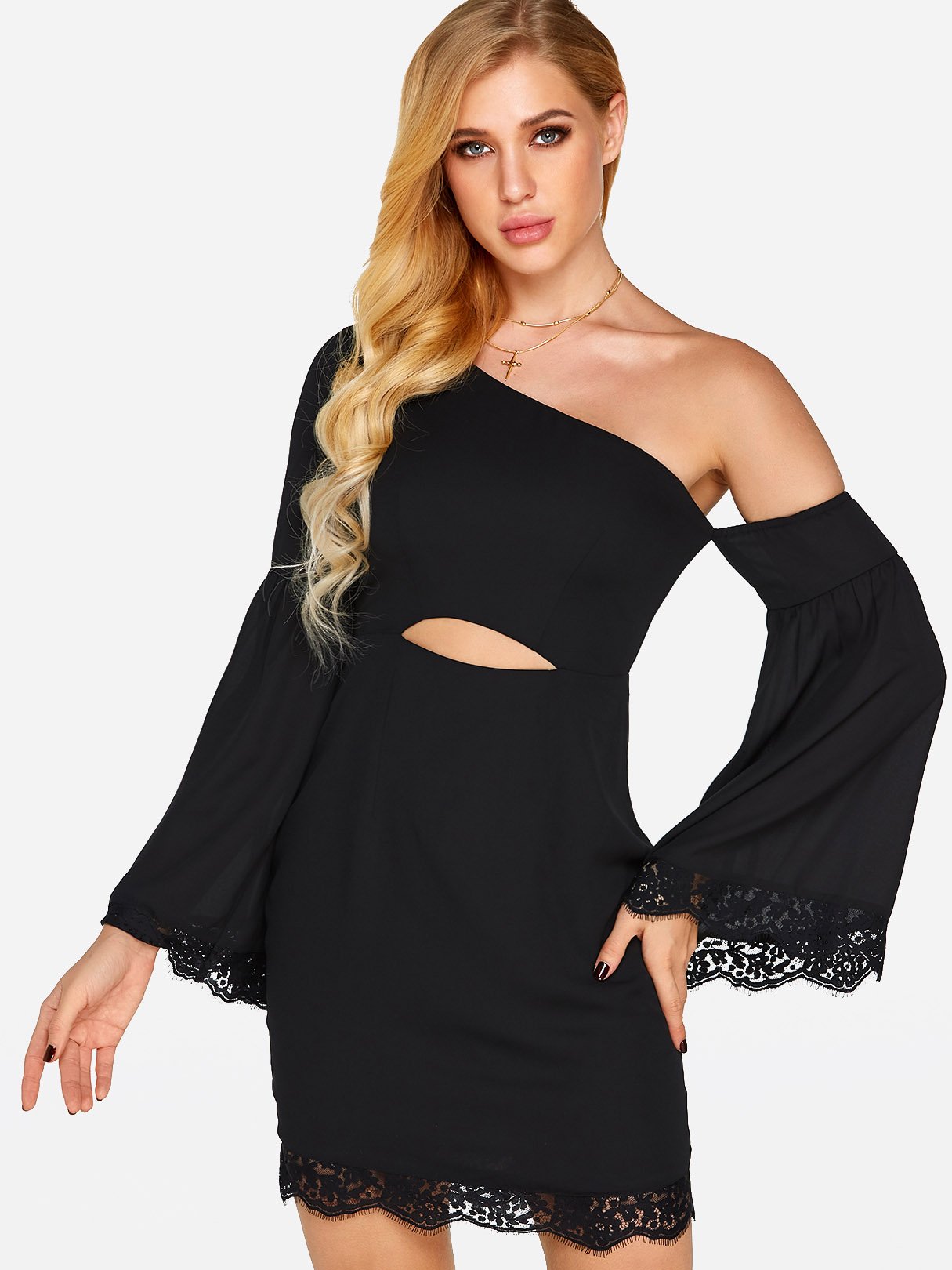 Wholesale Black One Shoulder Long Sleeve Plain Lace Cut Out Sexy Dresses