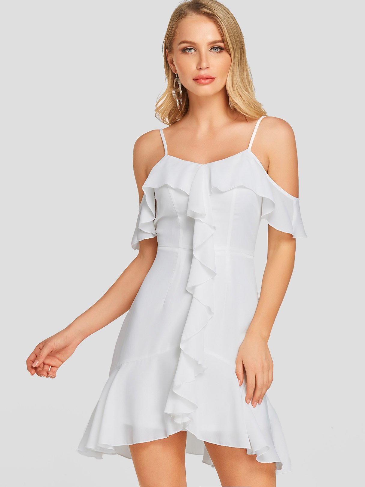 Wholesale White Cold Shoulder Short Sleeve Plain Zip Back Flounced Hem Mini Dresses