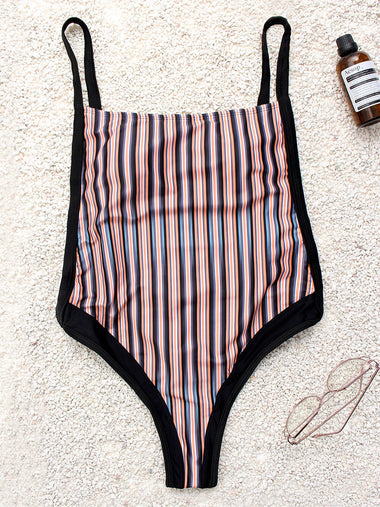 Wholesale Square Neck Stripe Backless Sleeveless One-Pieces