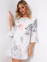 Wholesale White Round Neck 3/4 Length Sleeve Floral Print Zip Back Dresses