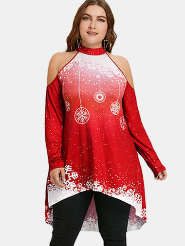 Wholesale Crew Neck Cold Shoulder Printed Cut Out Long Sleeve High-Low Hem Red Plus Size Tops