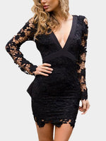 Wholesale V-Neck Long Sleeve Lace Backless Hollow Lace-Up Self-Tie Sexy Dress