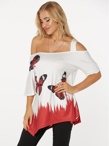 Wholesale Asymmetrical Cold Shoulder Printed Cut Out Half Sleeve Irregular Hem Red T-Shirts