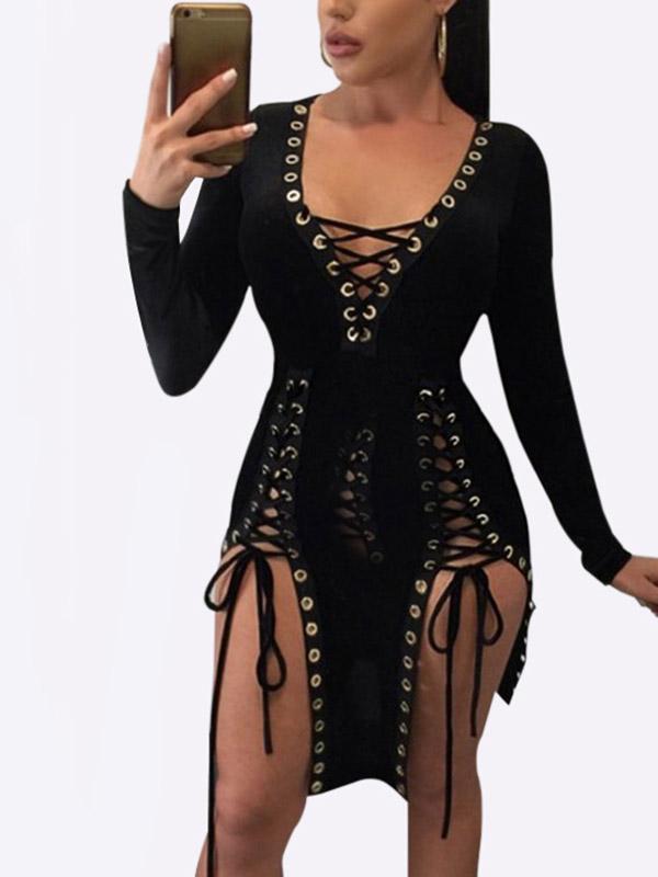 Wholesale Black V-Neck Long Sleeve Lace-Up Cut Out Irregular Hem Mini Dresses