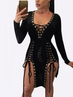 Wholesale Black V-Neck Long Sleeve Lace-Up Cut Out Irregular Hem Mini Dresses