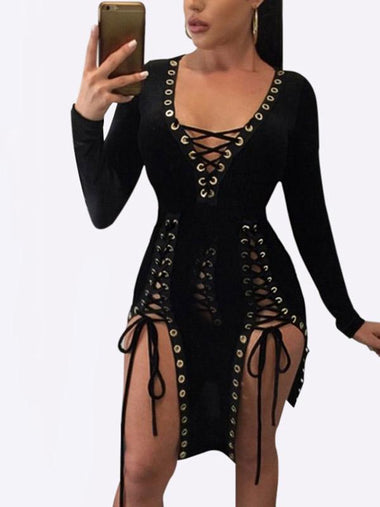 Wholesale Black V-Neck Long Sleeve Lace-Up Cut Out Irregular Hem Mini Dresses