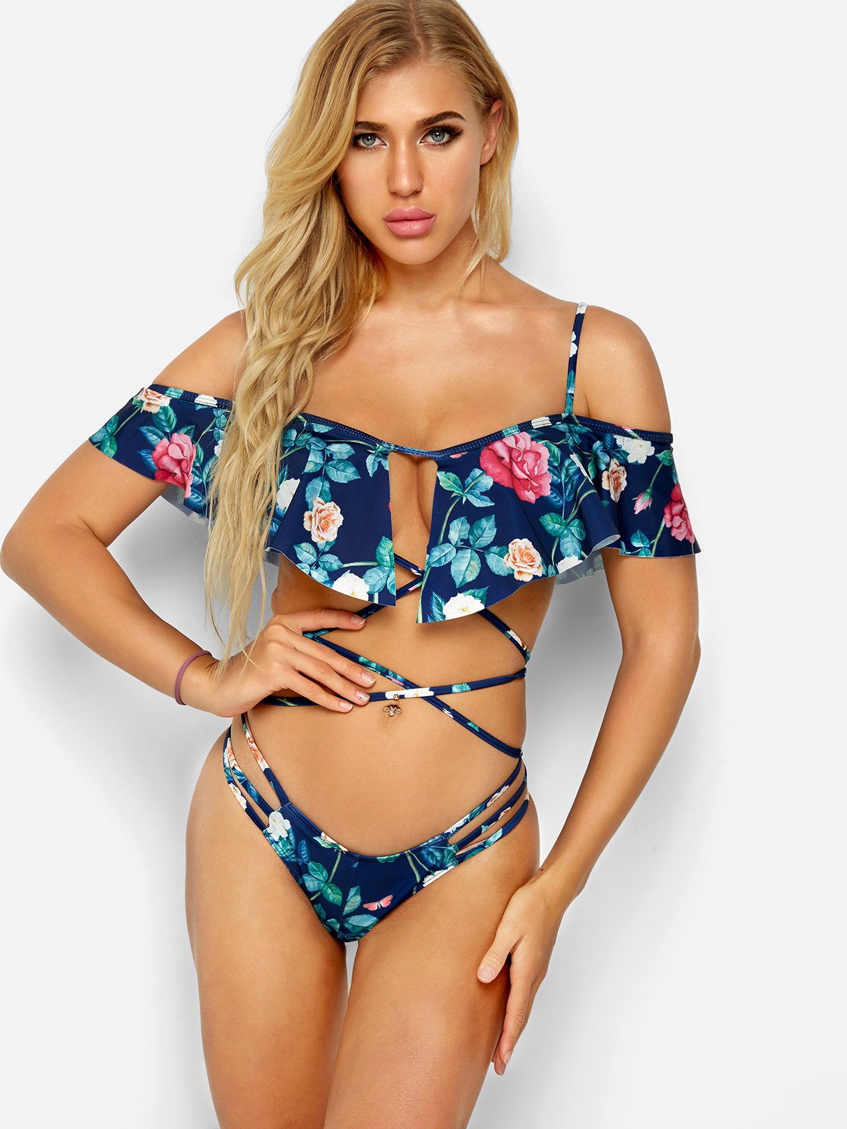 Wholesale Cold Shoulder Floral Print Criss-Cross Short Sleeve Bikinis