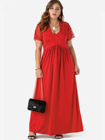 Wholesale V-Neck Lace Crossed Front Pleated Short Sleeve Plus Size Maxi Dress