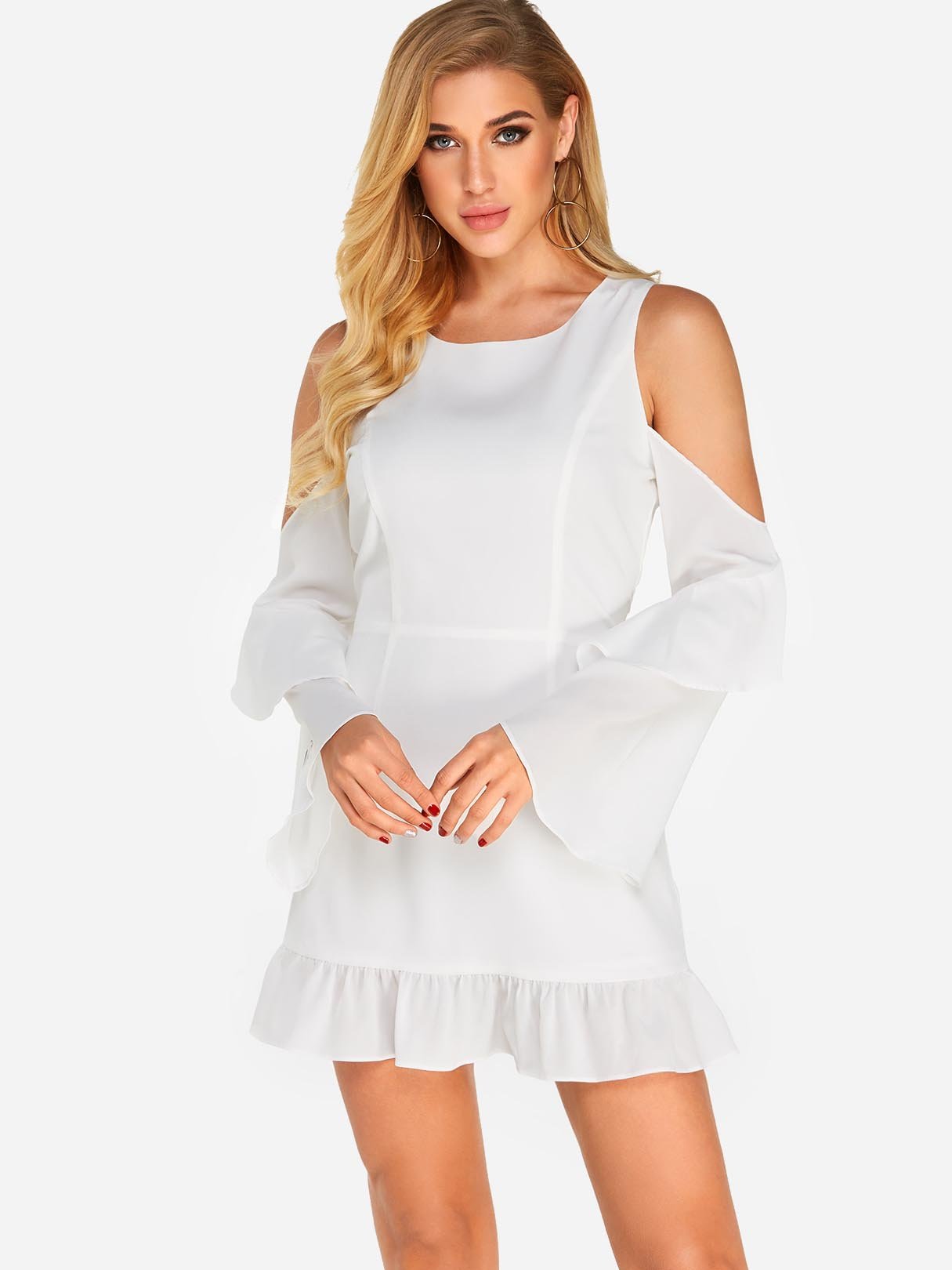 Wholesale White Cold Shoulder Long Sleeve Plain Backless Mini Dress