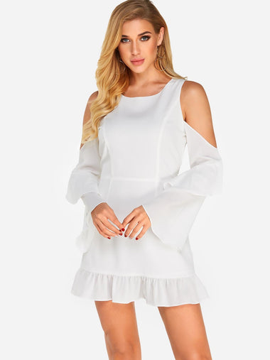 Wholesale White Cold Shoulder Long Sleeve Plain Backless Mini Dress