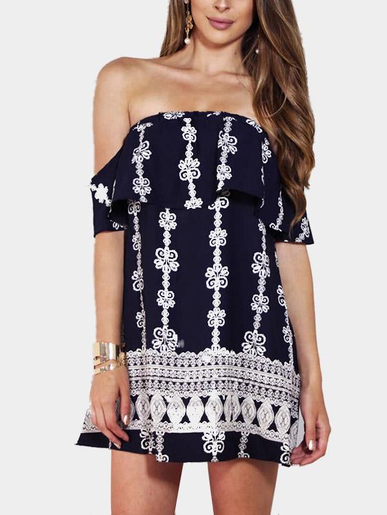 Wholesale Navy Off The Shoulder Short Sleeve Floral Print Mini Dress