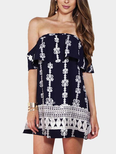 Wholesale Navy Off The Shoulder Short Sleeve Floral Print Mini Dress