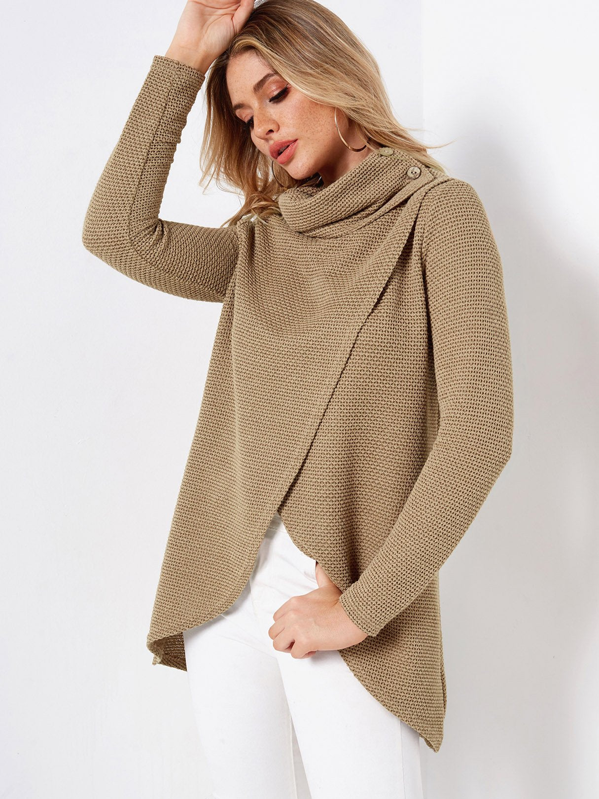 Wholesale High Neck Plain Long Sleeve Khaki T-Shirts