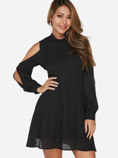 Wholesale Black Chimney Collar Long Sleeve Zip Back Cut Out Sexy Dresses