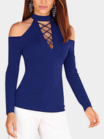 Wholesale V-Neck Lace-Up Long Sleeve Blue T-Shirts