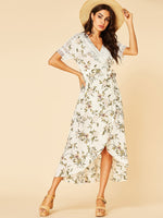 Wholesale White V-Neck Short Sleeve Floral Print Hollow Self-Tie Wrap Irregular Hem Dresses