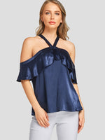 Wholesale Cold Shoulder Plain Ruffle Trim Short Sleeve Navy T-Shirts
