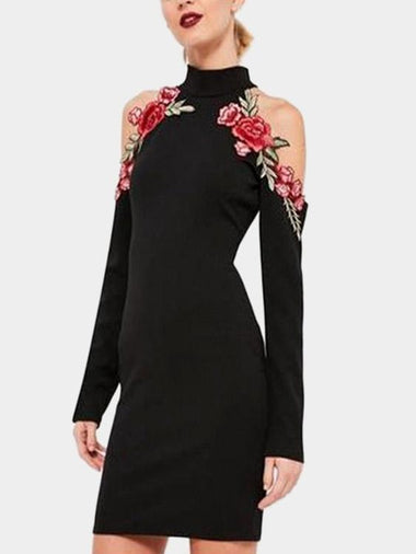Wholesale Black Halter Long Sleeve Embroidered Bodycon Sexy Dress