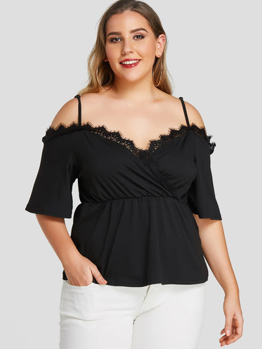 Wholesale Cold Shoulder Wrap Short Sleeve Black Plus Size Tops