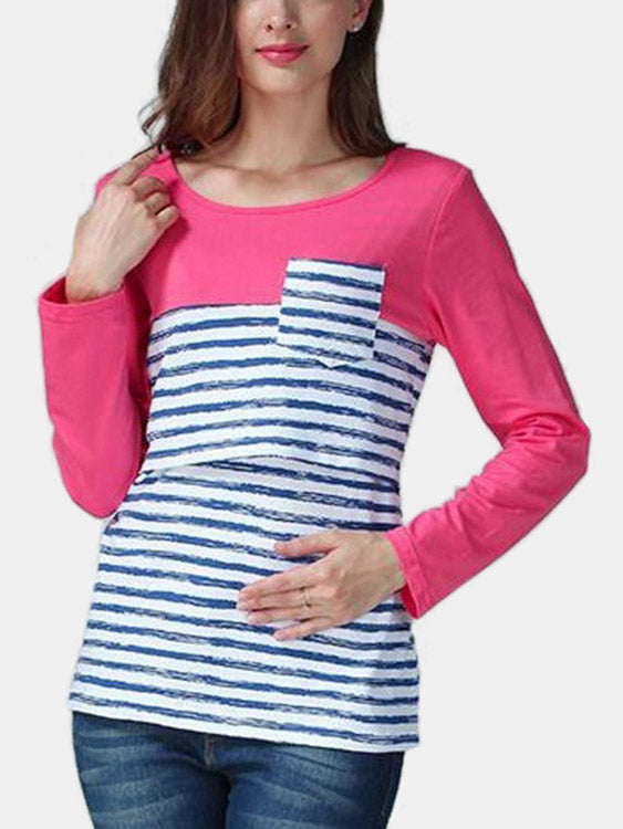 Wholesale Stripe Pattern Side Stitching Nursing T-Shirts 