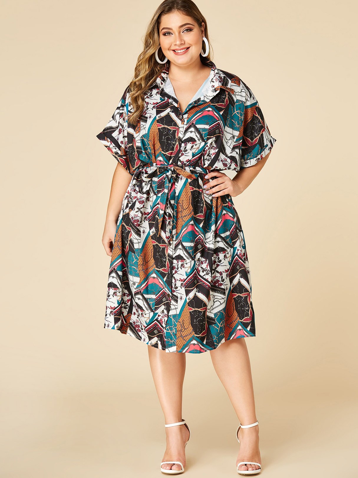 Wholesale Lapel Collar Printed Self-Tie Half Sleeve Plus Size Dress