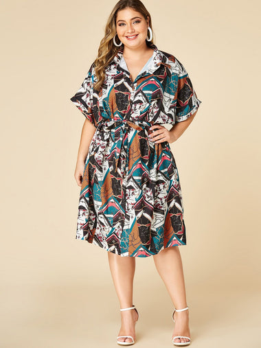 Wholesale Lapel Collar Printed Self-Tie Half Sleeve Plus Size Dress