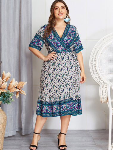 Wholesale Deep V Neck Slit Self-Tie Wrap Half Sleeve Blue Plus Size Dress