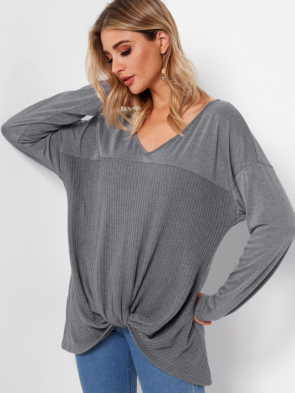 Wholesale V-Neck Plain Long Sleeve Irregular Hem Grey T-Shirts