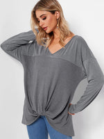 Wholesale V-Neck Plain Long Sleeve Irregular Hem Grey T-Shirts