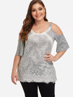 Wholesale Round Neck Cold Shoulder Plain Lace Half Sleeve Grey Plus Size Tops