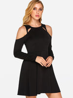 Wholesale Black Round Neck Long Sleeve Plain Cut Out Sexy Dress