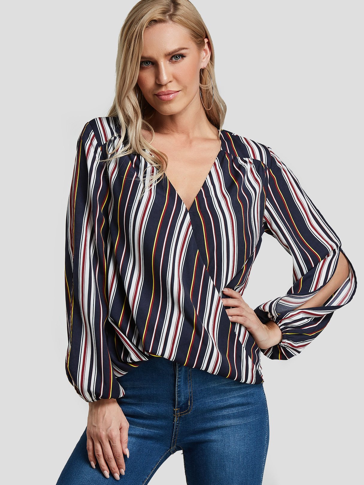 Wholesale V-Neck Stripe Slit Long Sleeve Blouses