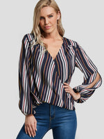 Wholesale V-Neck Stripe Slit Long Sleeve Blouses