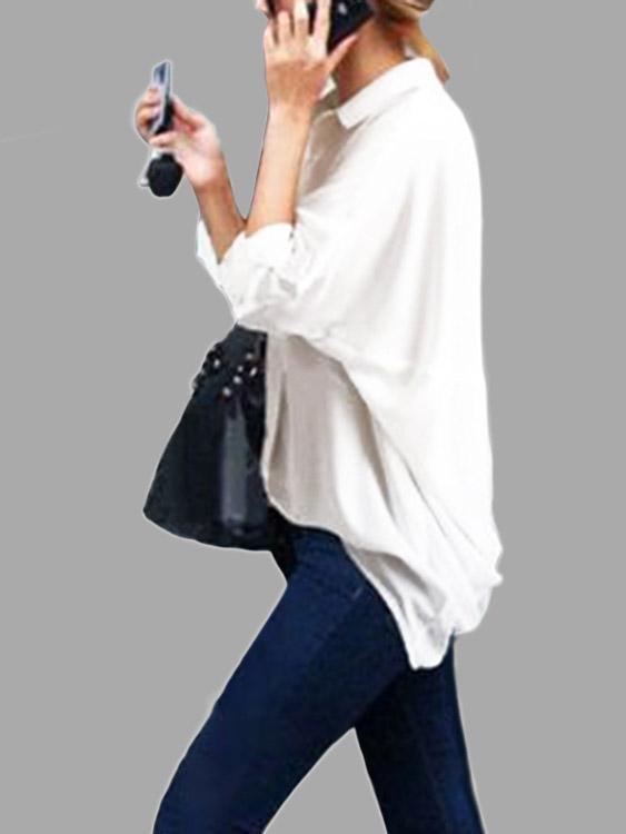 Wholesale V-Neck Plain Long Sleeve Irregular Hem White Blouses
