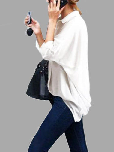 Wholesale V-Neck Plain Long Sleeve Irregular Hem White Blouses