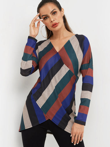 Wholesale V-Neck Stripe Crossed Front Long Sleeve Irregular Hem T-Shirts