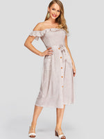 Wholesale Apricot Off The Shoulder Short Sleeve Backless Side Pockets Belt Self-Tie Dresses