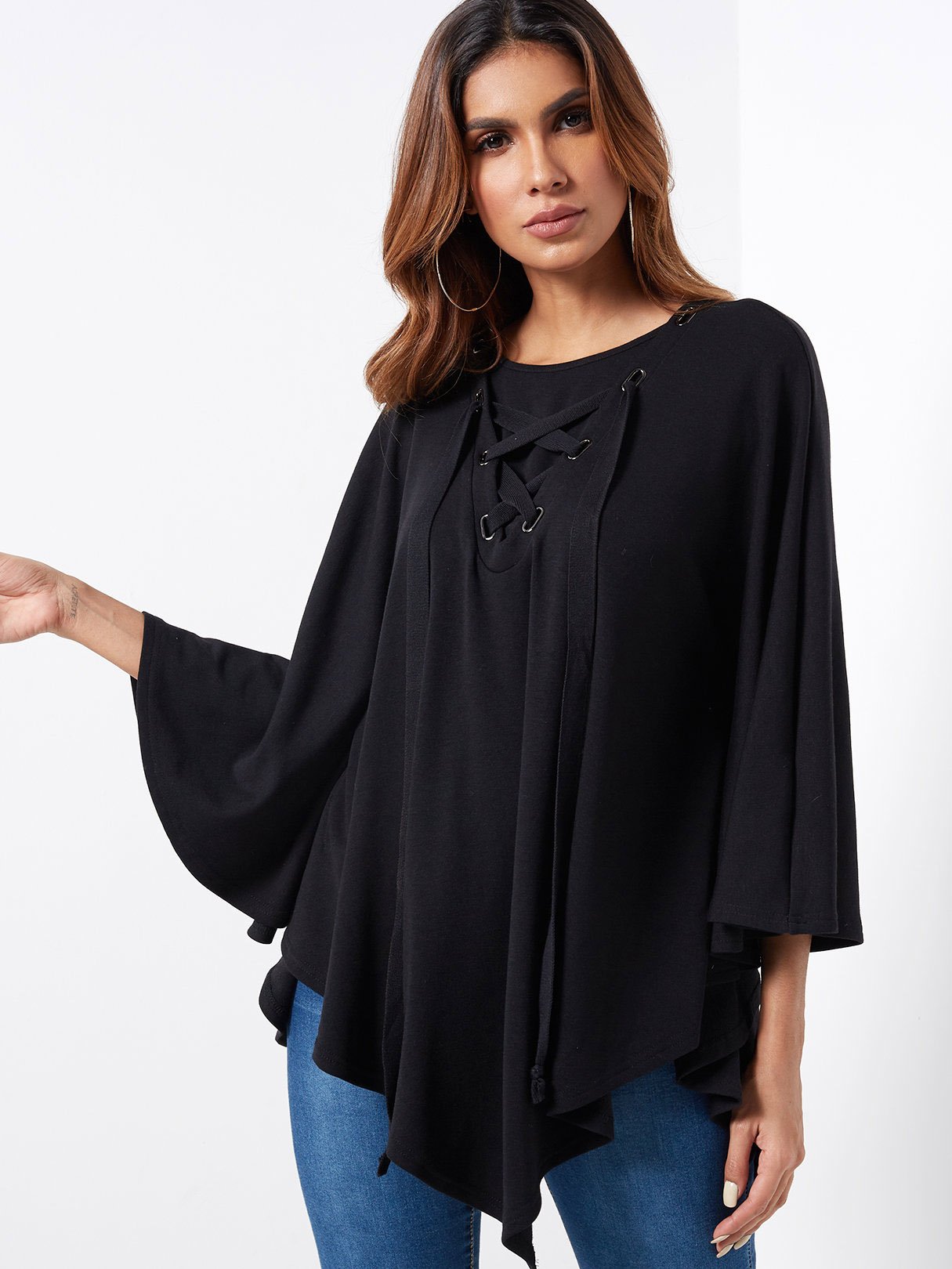 Wholesale Round Neck Lace-Up Long Sleeve Irregular Hem Black T-Shirts