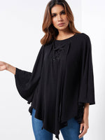 Wholesale Round Neck Lace-Up Long Sleeve Irregular Hem Black T-Shirts