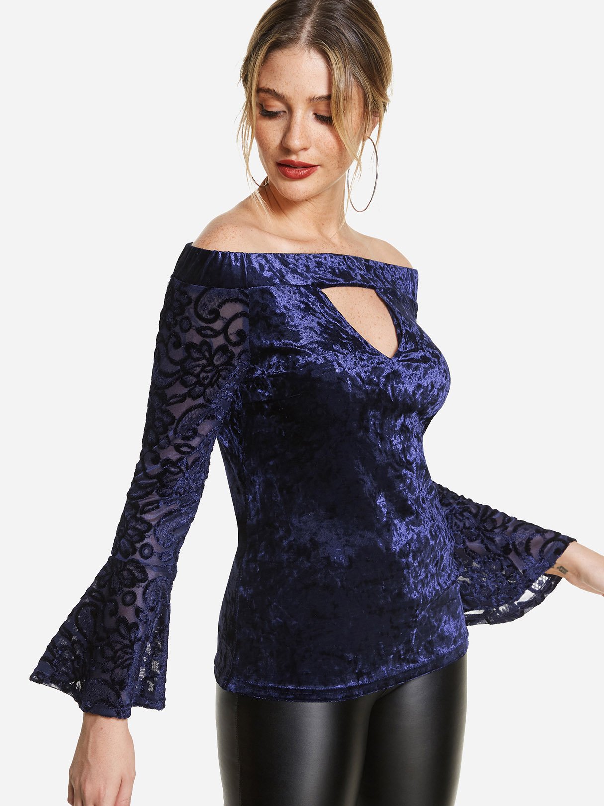 Wholesale Off The Shoulder Cut Out Long Sleeve Navy Top
