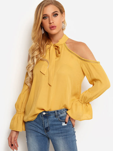 Wholesale Perkins Collar Plain Hollow Cut Out Self-Tie Long Sleeve Flounced Hem Yellow Blouses