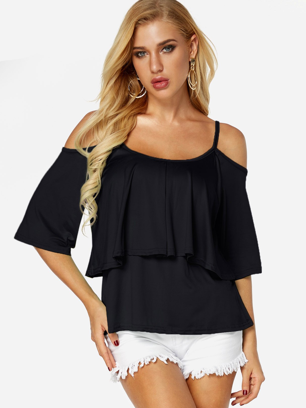 Wholesale Cold Shoulder Plain Half Sleeve Black T-Shirts