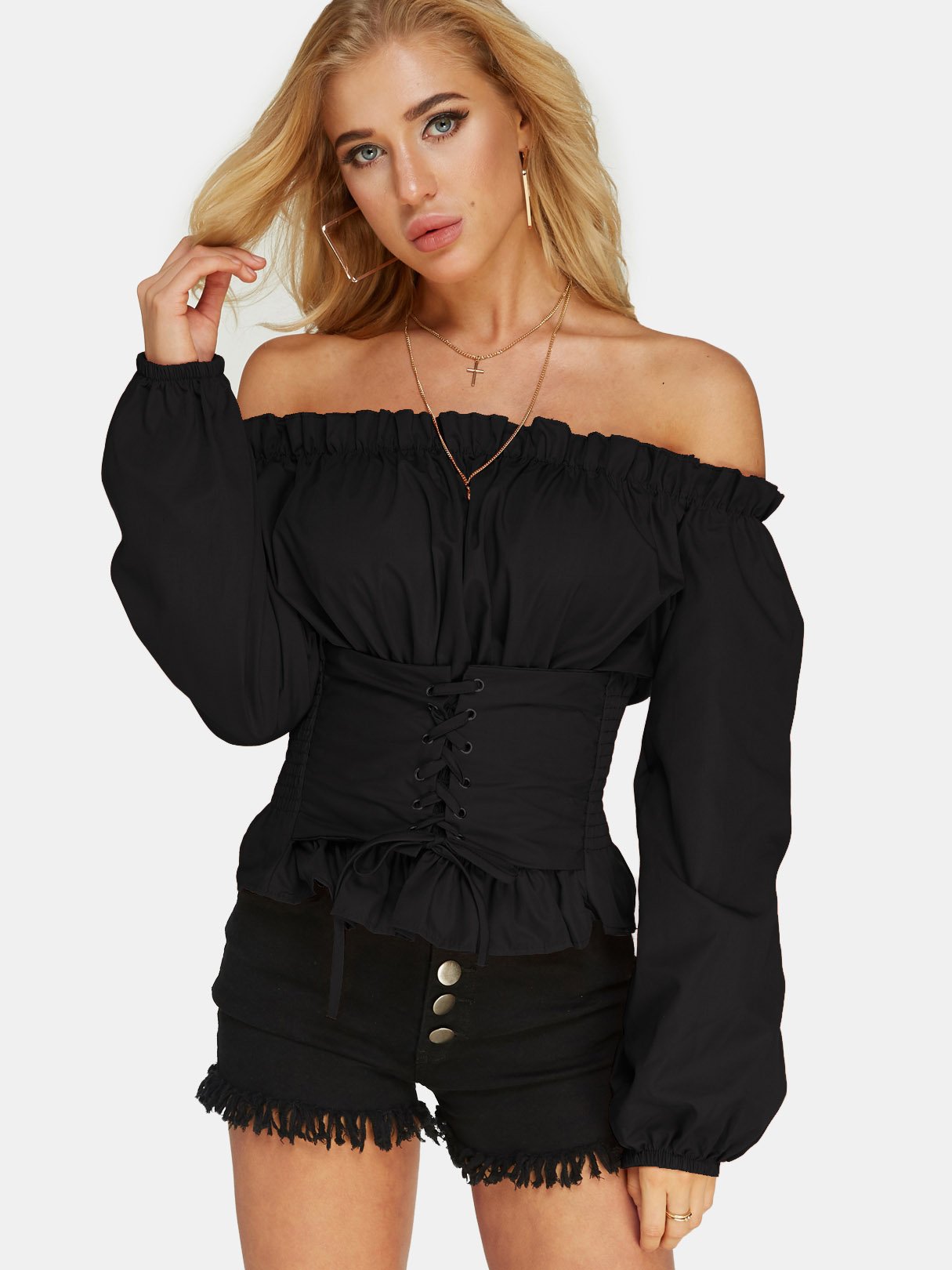 Wholesale Off The Shoulder Plain Lace-Up Long Sleeve Black Top