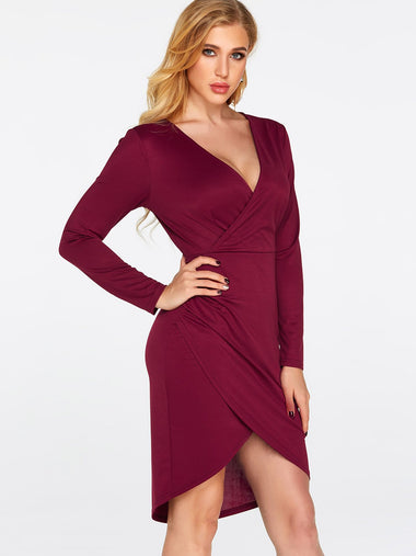 Wholesale Burgundy V-Neck Long Sleeve Plain Crossed Front Wrap Irregular Hem Dresses