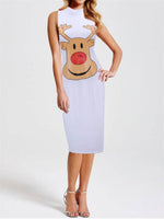Wholesale White Crew Neck Sleeveless Animal Bodycon Hem Midi Dress