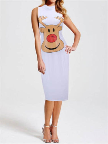 Wholesale White Crew Neck Sleeveless Animal Bodycon Hem Midi Dress