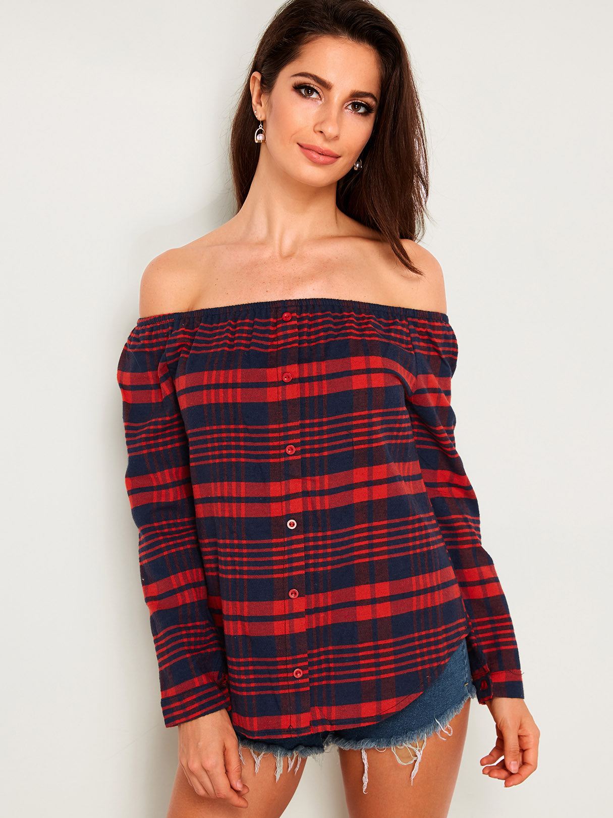 Wholesale Off The Shoulder Stripe Long Sleeve Irregular Hem Red T-Shirts