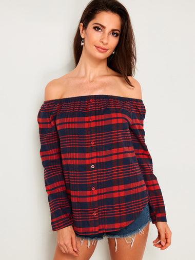 Wholesale Off The Shoulder Stripe Long Sleeve Irregular Hem Red T-Shirts