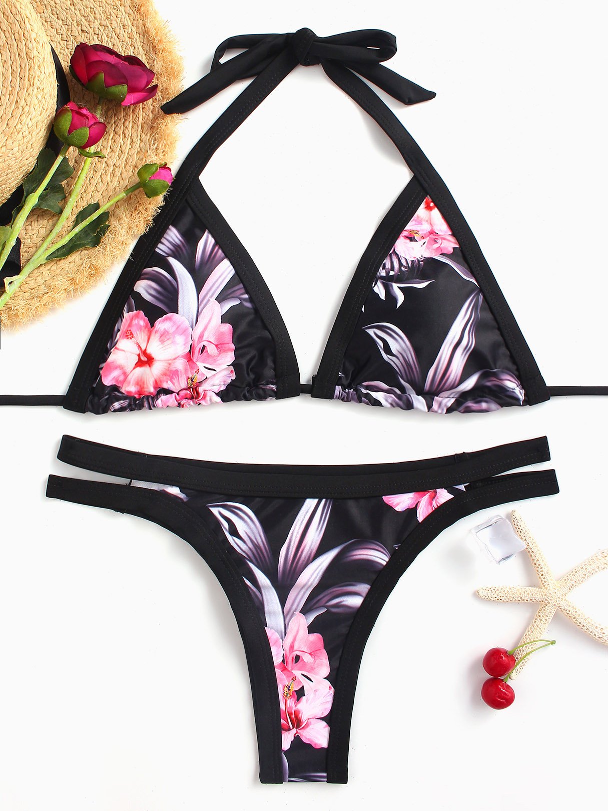 Wholesale Black V-Neck Sleeveless Floral Print Lace-Up High-Waisted Bikinis